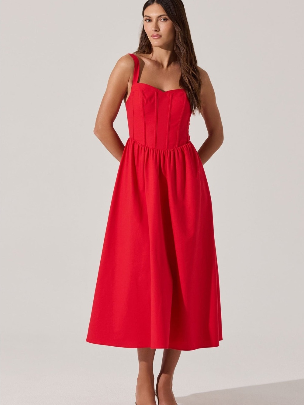 ASTR Red Sweetheart Midi Dress with Structured Bust